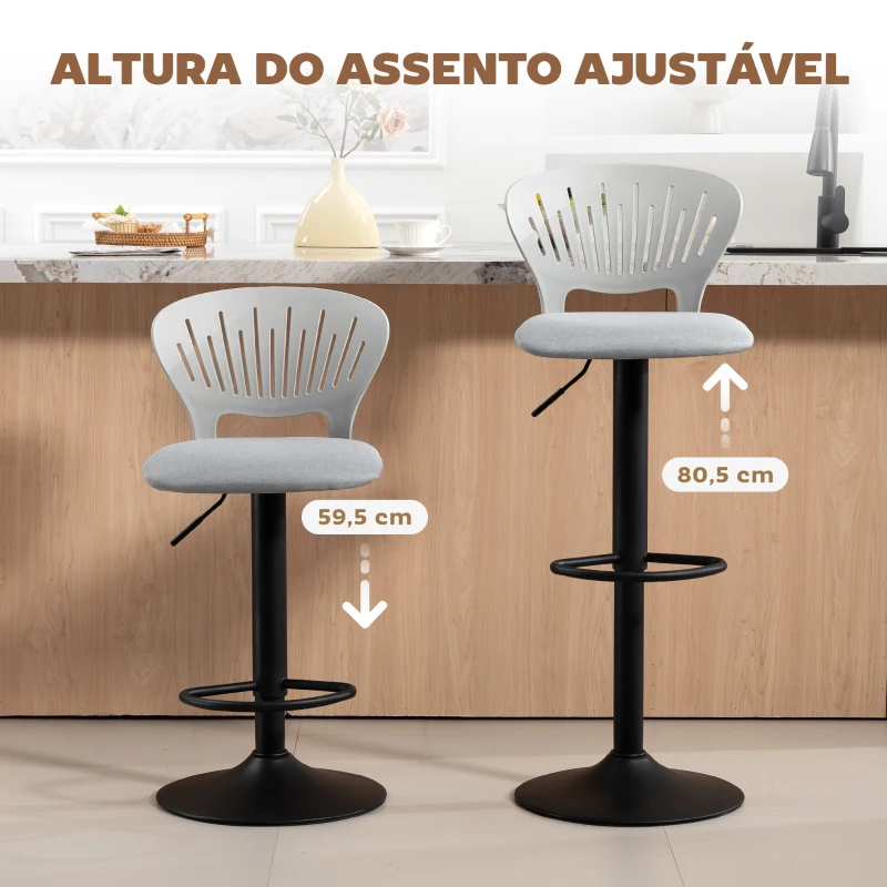 HOMCOM Conjunto de 2 Bancos Altos de Cozinha Giratórios a 360° Reguláveis em Altura de 84-105 cm 40,5x43x84-105 cm Cinzento