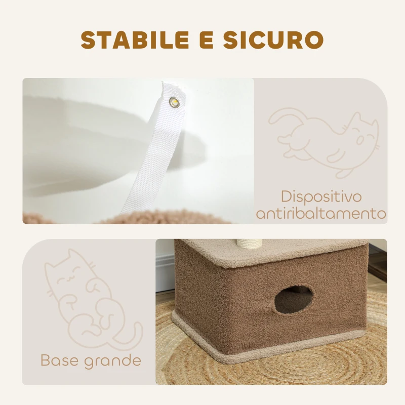 PawHut Albero Tiragraffi per Gatti con Lettino, Casetta e Piattaforme, in Legno e Cashmere, 48x40x133 cm, Marrone