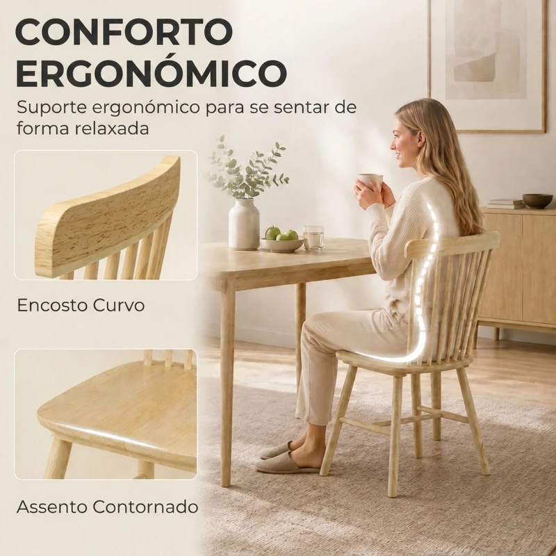 HOMCOM Conjunto de 2 Cadeiras de Sala de Jantar em Madeira Design Windsor Encosto Curvo Assento Largo Natural
