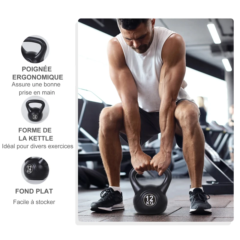 HOMCOM Kettlebell 12 kg, haltère avec poignée ergonomique, haltère à boule, musculation, entraînement, 27 x 21 x 31 cm noir