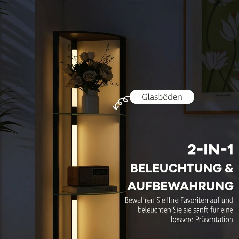 HOMCOM LED Stehlampe mit Glasregal Stehleuchte mit 3 Helligkeitsstufen Fußschalter für Wohnzimmer Schlafzimmer Schwarz