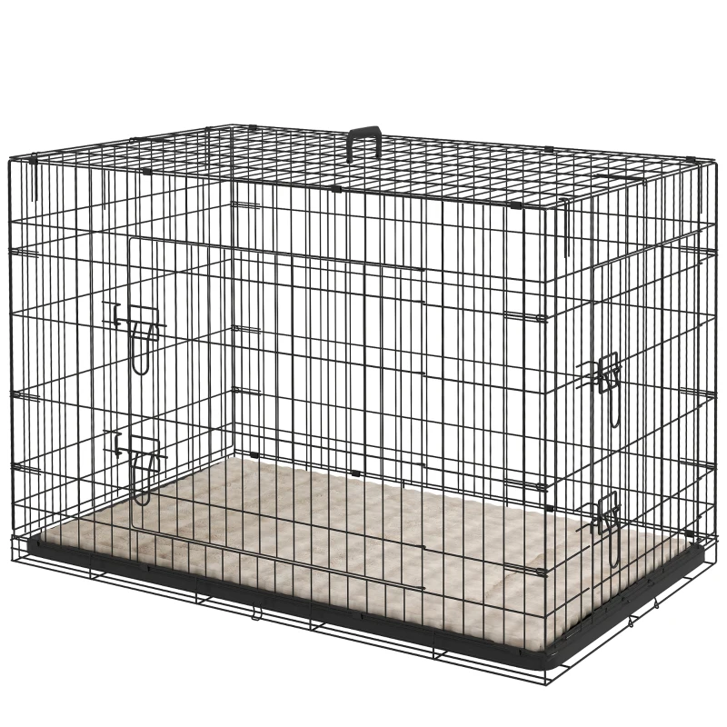 PawHut Jaula Dobrável para Cães com Almofada, Portas, Tabuleiro Amovível e Estrutura Metálica, 106x71,5x76 cm, Preto e Bege