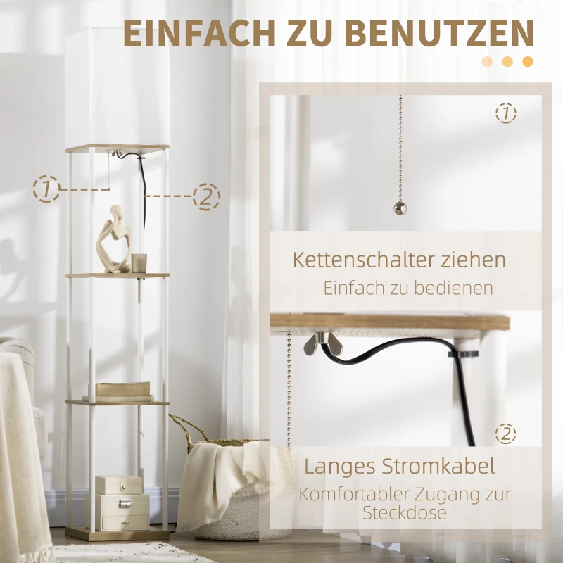 HOMCOM Staandelamp, Vloerlamp met Planken, Metalen Frame, Stoffen Kap, 26x26x159cm, Wit/Bruin