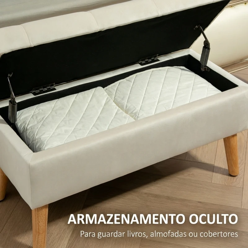 HOMCOM Pufe de Arrumação em Veludo com Tampa e Pés de Madeira para Sala, Quarto ou Entrada, 80x35x42 cm, Creme