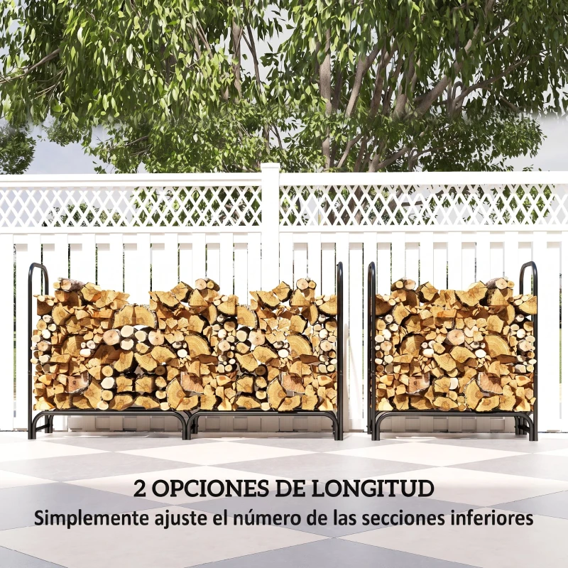 Outsunny Estante de Leña con Funda Oxford 600D de Metal Robusto Ajustable Carga 200 kg para Interior Exterior 180x36x99 cm Negro