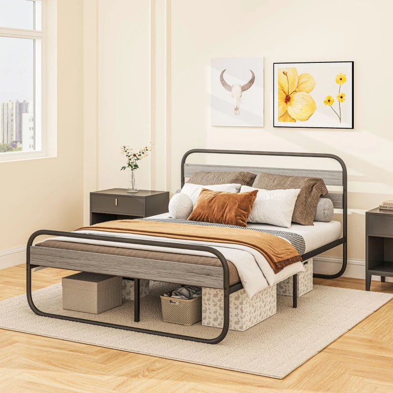 HOMCOM 4ft6 Double Bed Frame, Industrial Style Metal Platform Bed Frame with Under Bed Storage, No Box Spring Needed, Easy Assembly, Grey