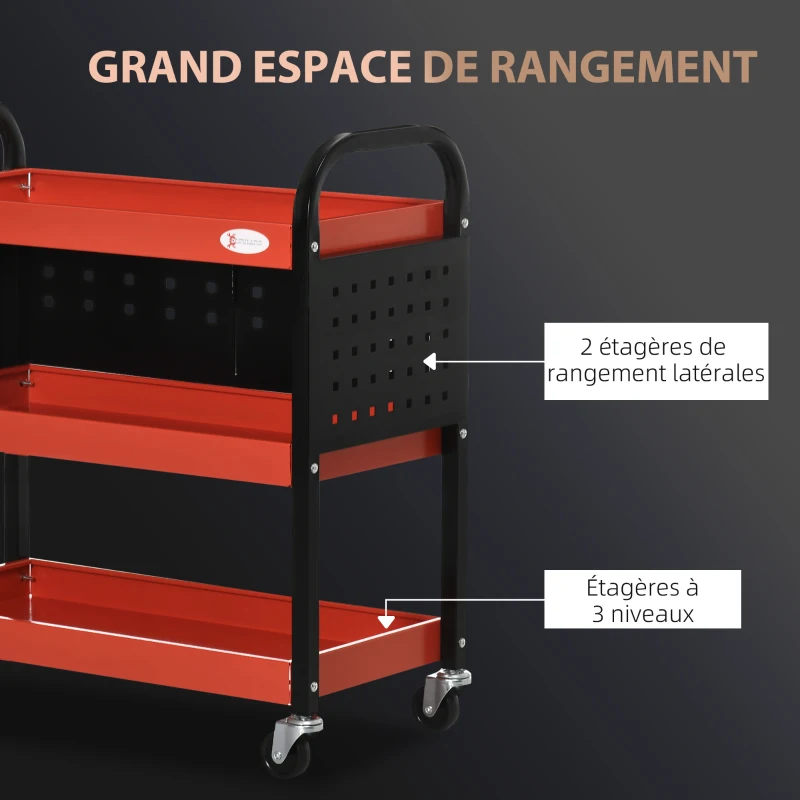 DURHAND Chariot d'atelier servante atelier à 3 niveaux avec étagères, planches suspendues, charge jusqu'à 100 kg, rouge