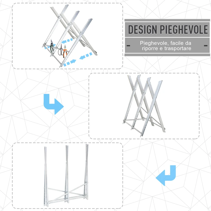 DURHAND Cavalletto Taglialegna Pieghevole e Triangolare in Metallocon Denti Seghettati, 83x83x79 cm, Argento