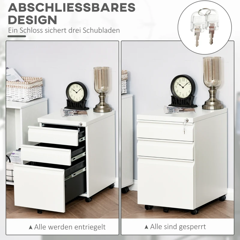 HOMCOM Rollcontainer mit 3 Schubladen mobiler Aktenschrank mit Rollen abschließbar Büroschrank mit konkavem Griff, Schubladenschrank für Büro, Homeoffice, 39 x 48 x 60 cm, Weiß