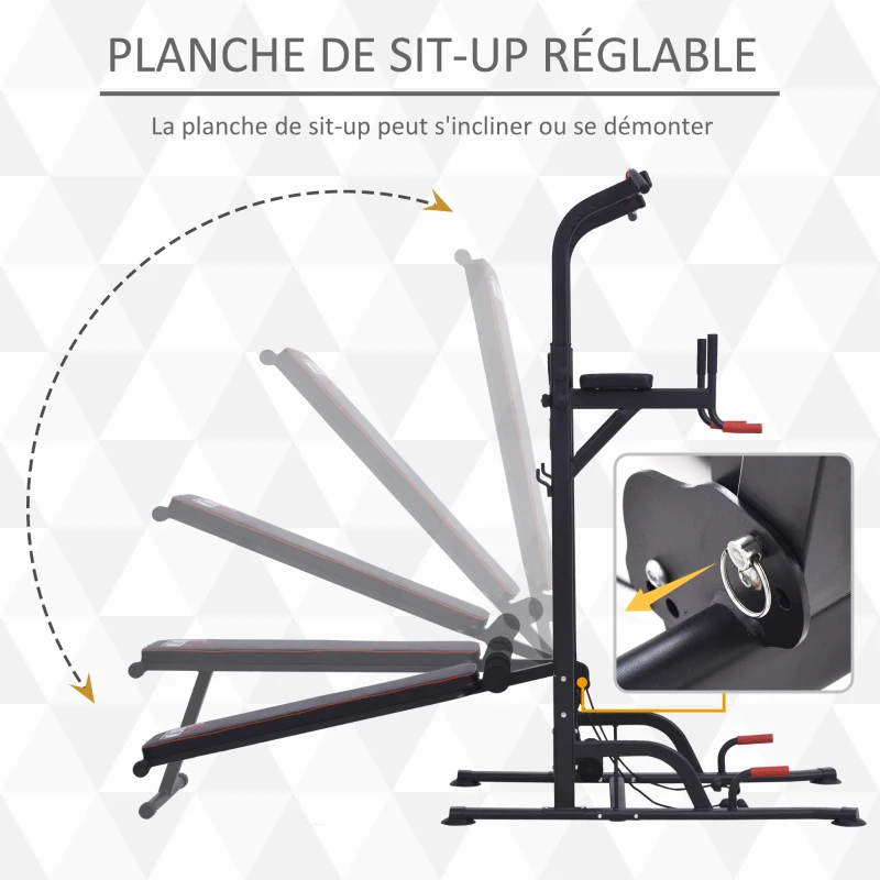 HOMCOM Station de traction musculation multifonctions Fitness entrainement complet barre de traction poignées push-up sit-up banc pliable hauteur réglable acier 98 x 220 x 229 cm noir rouge