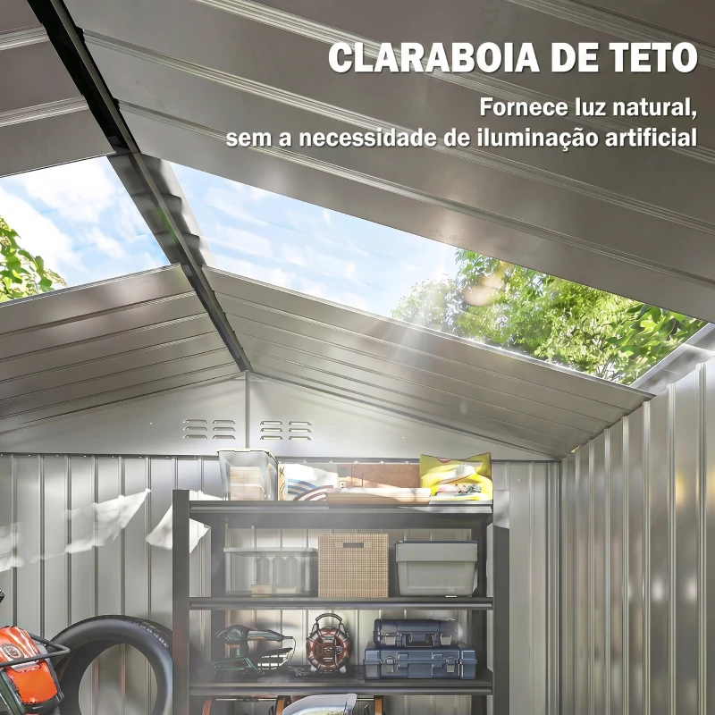 Outsunny Abrigo de Jardim 2,42 m 213x130x185 cm Abrigo de Jardim Metálico para Armazenamento com 2 Portas Deslizantes e 4 Janelas Cinza Escuro