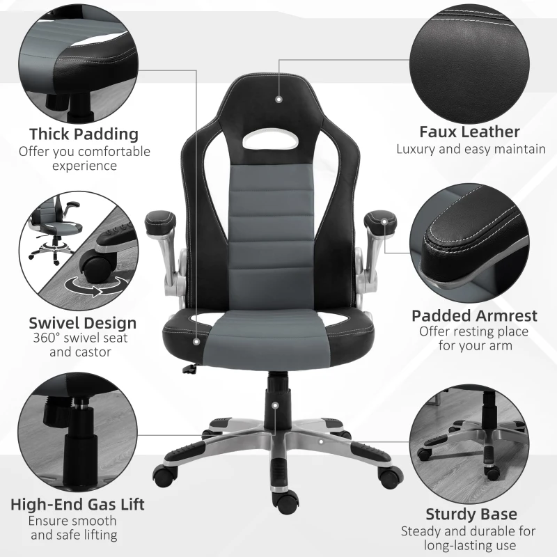 HOMCOM Racing Office Chair PU Leather Computer Desk Chair Gaming Style with Wheels, Flip-Up Armrest, Grey