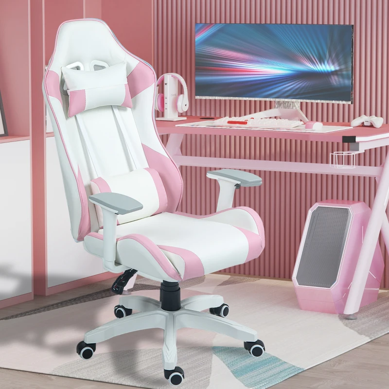 HOMCOM Cadeira Gaming Reclinável com Almofada Lombar Apoio de Cabeça Basculante e Altura Ajustável 67x60x120-128 cm Branco e Rosa
