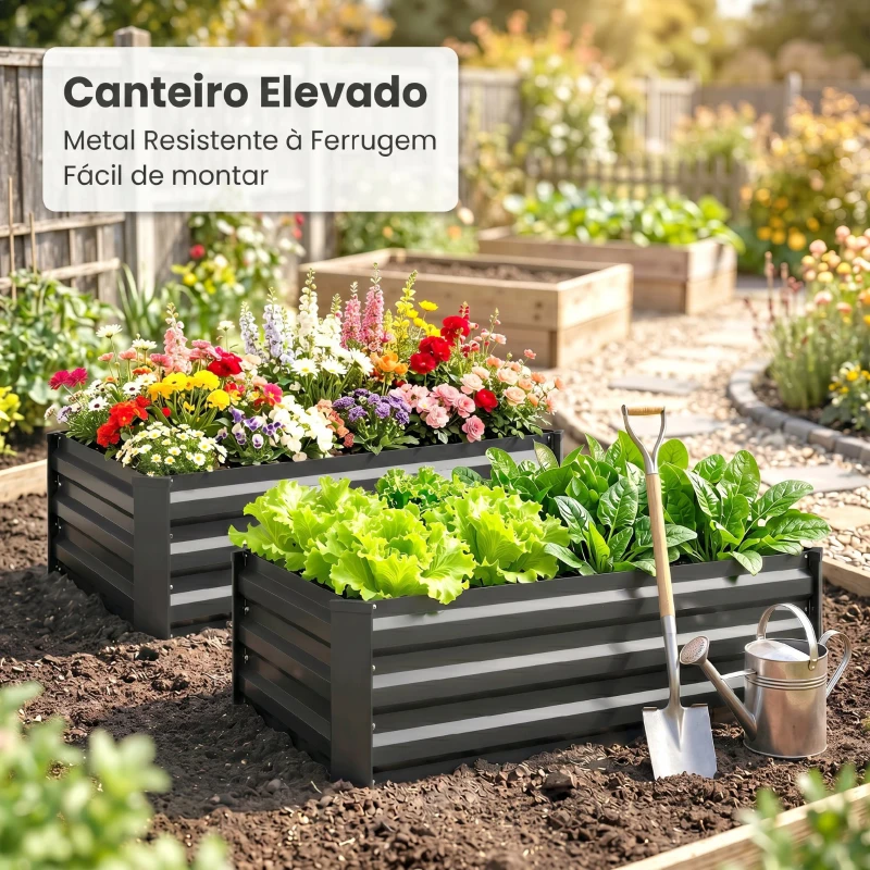 Outsunny Conjunto de 2 Caixas de Plantio de Exterior em Aço Caixas de Cultivo Retangulares para Jardim 100x60x30 cm Cinza Escuro