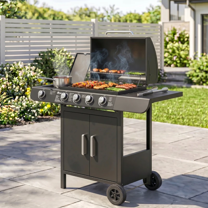 Outsunny Barbacoa de Gas con 4+1 Quemadores 14,4 KW Mesas Laterales Armario de Almacenaje Termómetro y 2 Ruedas Acero Inoxidable BBQ 125x51x100 cm Negro