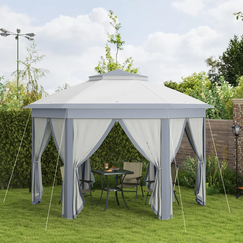 Outsunny Tenda Dobrável 4x3,4 m Tenda de Jardim Hexagonal com Duplo Tecto 6 Mosquiteiras Destacáveis e Saco de Transporte Cinzento