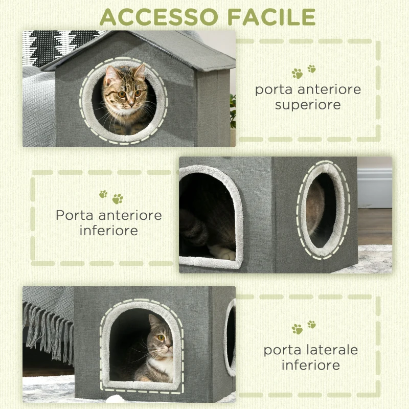 PawHut Casetta per Gatti a Due Livelli con Cuscini Lavabili 3 entrate, 42x46x59.5 cm, Grigio