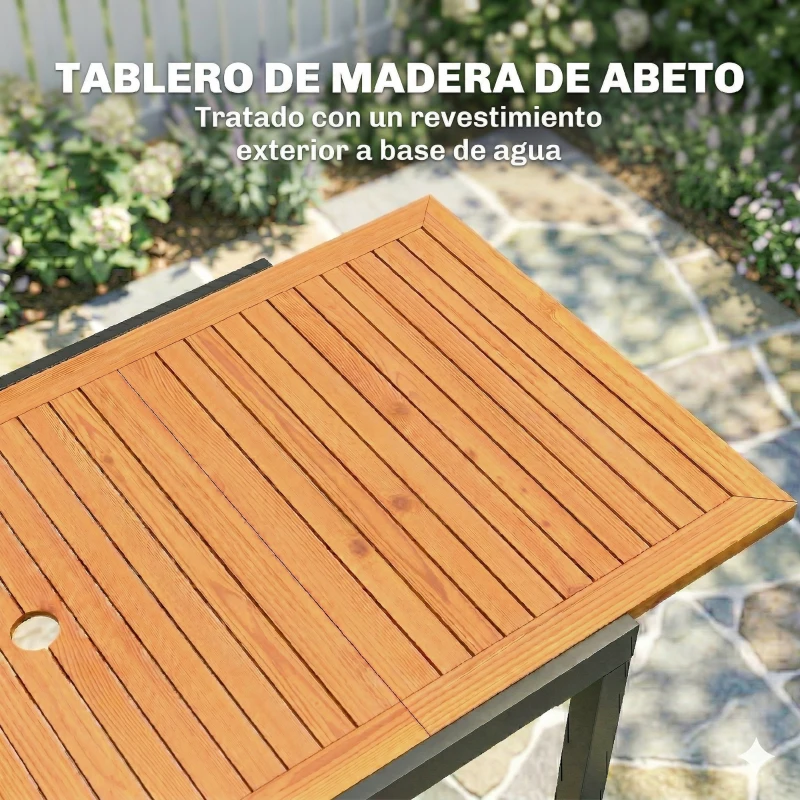 Outsunny Mesa de Jardín Extensible 100/150x70 cm de Madera y Metal con Agujero para Sombrilla para 4-6 Personas Teca