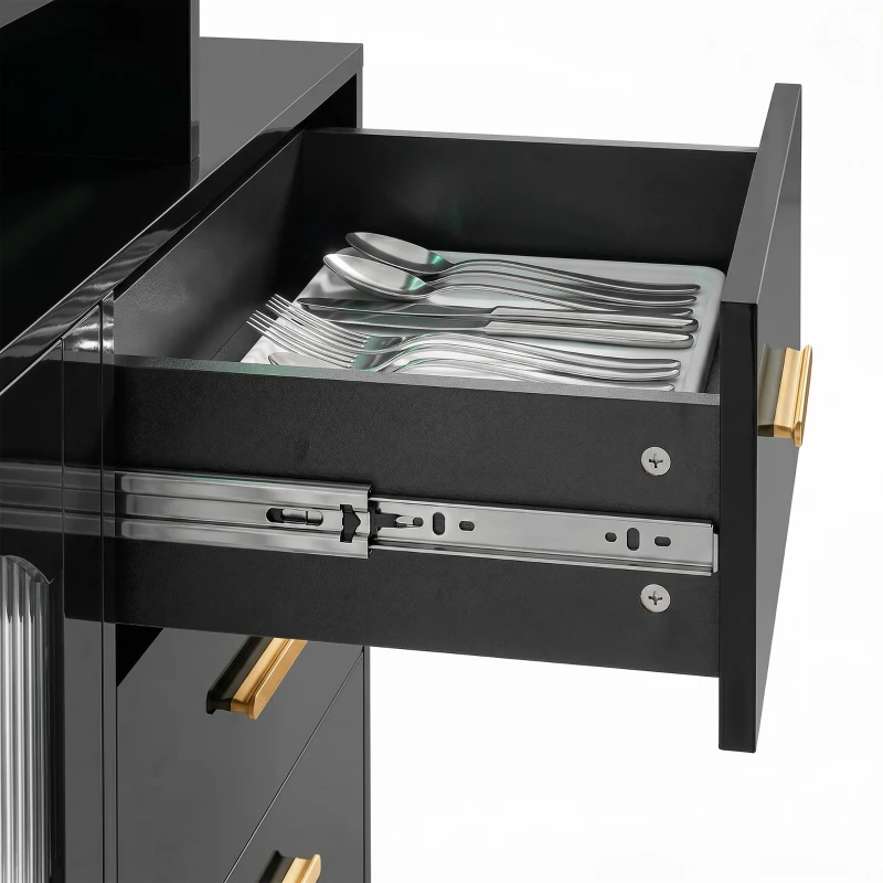 HOMCOM High Gloss Sideboard with LED Lights, Built-in Power Outlets, 3 Drawers, Shelves and 2 Acrylic Doors, Black