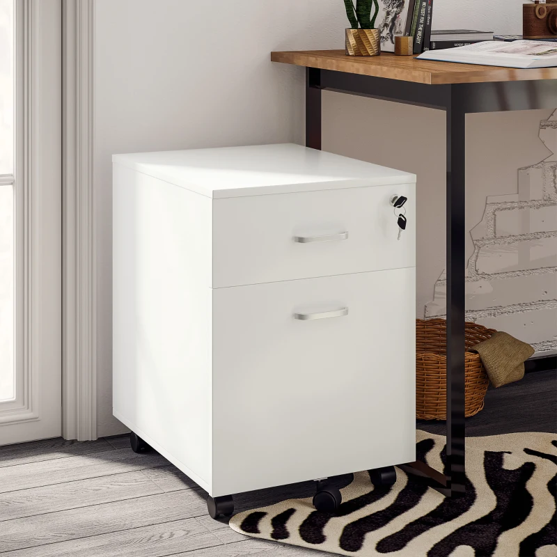 Vinsetto Cassettiera Ufficio a 2 Cassetti con Serratura e 5 Ruote, in Truciolato, 40x49x58 cm, Bianco