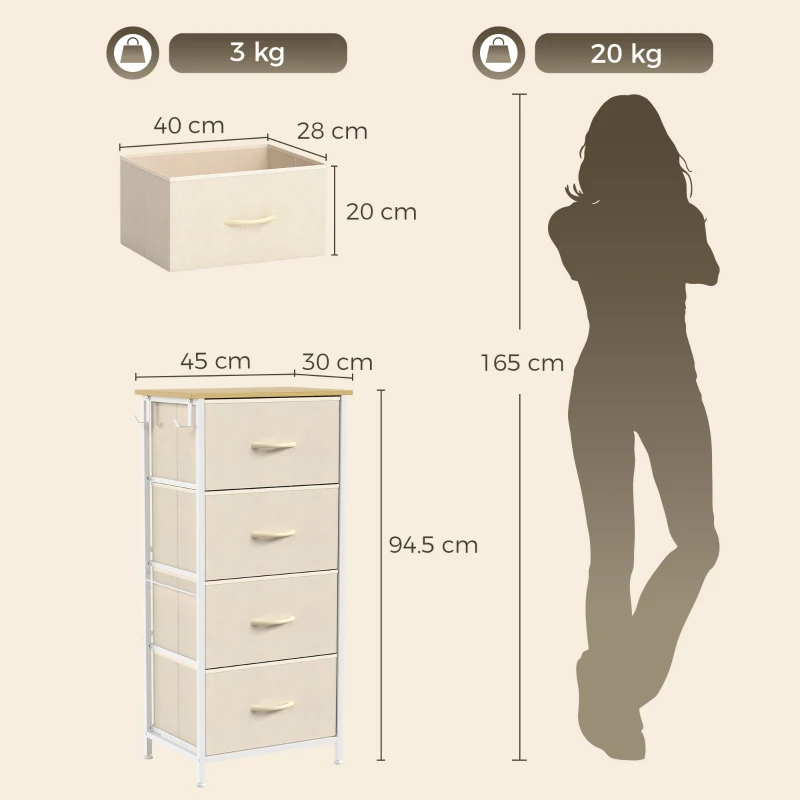 HOMCOM Chest of Drawers with 4 Fabric Drawers, Tall Storage Unit with 2 Hooks and Steel Frame for Bedroom, Beige