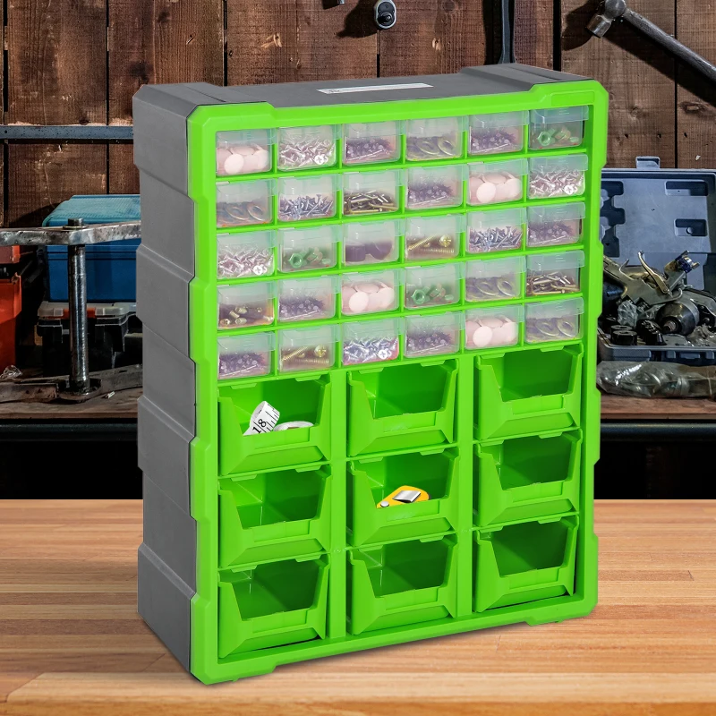 DURHAND Sortierkasten Kleinteilemagazin Teile Box Aufbewahrungsbox 39 Fächer Grün L38 x B16 x H47,5 cm
