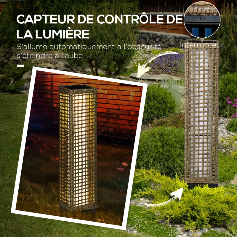 Outsunny Lampadaire solaire extérieur en résine tressée lampadaire sans fil rechargeable capteur de lumière 15,5 x 15,5 x 69 cm