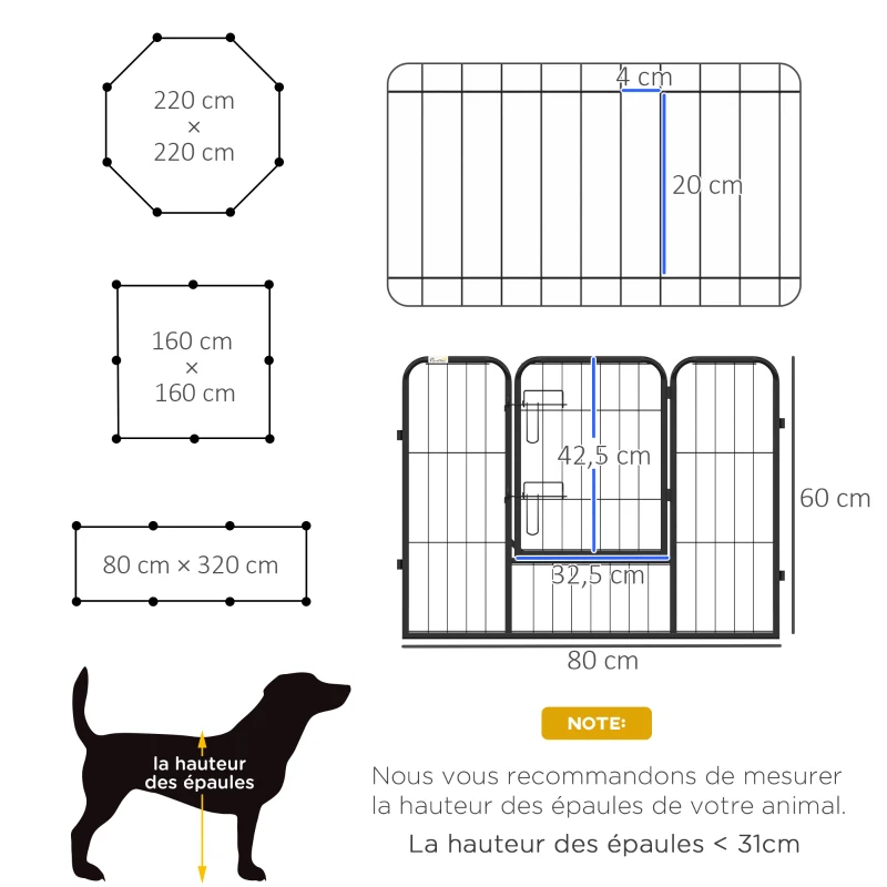 PawHut Luxe parc enclos modulable acier époxy porte verrouillable pour chiens, lapins, rongeurs, petits animaux, intérieur et extérieur 80 x 60 cm noir