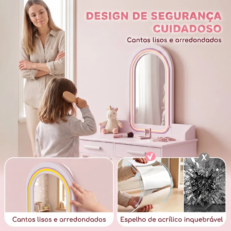 AIYAPLAY Toucador Infantil para Menina com Espelho LED de 3 Cores, Banco e 2 Gavetas, 3-8 Anos, Rosa
