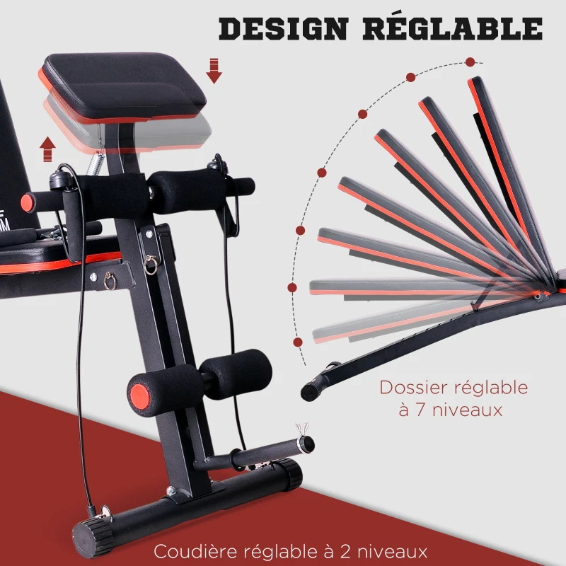 HOMCOM Banc de musculation pliable inclinable, banc réglable pour le développé couché, le curl biceps, la musculation du dos et des abdominaux, avec extenseur des jambes, acier, noir rouge