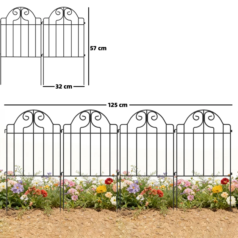 Outsunny Conjunto de 4 Cercas de Jardim Metálicas 125x57 cm com Design Arqueado Resistente e Fácil de Instalar para Pátio Relva Preto
