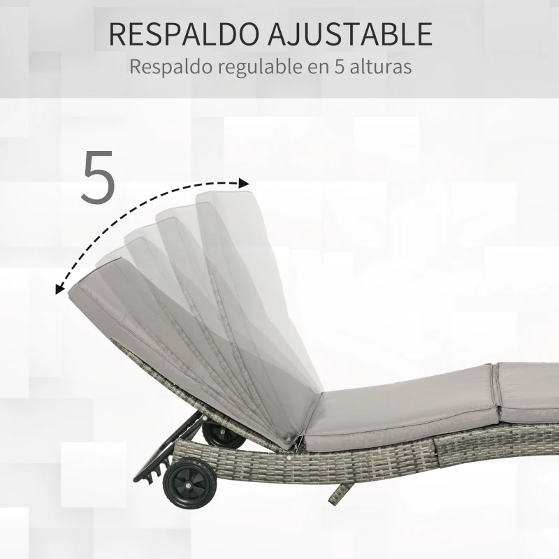 Outsunny Tumbona de Jardín en Forma de S con 2 Ruedas Respaldo Ajustable en 5 Posiciones y Cojín Extraíble 207x70x70 cm Gris