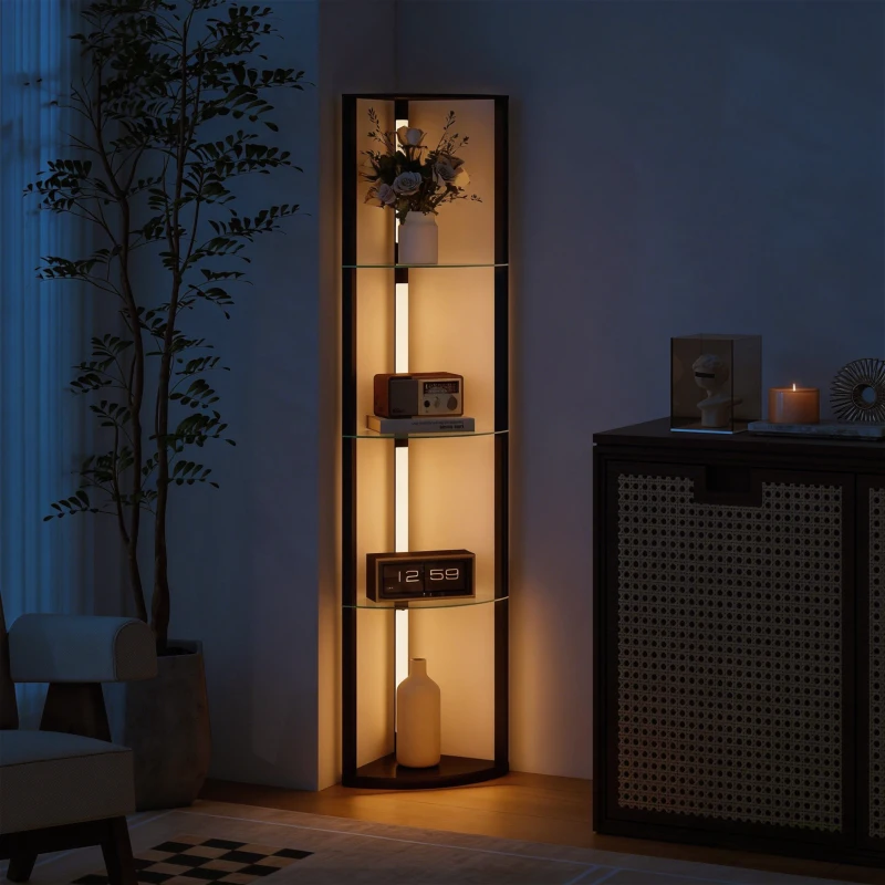 HOMCOM LED Stehlampe mit Glasregal Stehleuchte mit 3 Helligkeitsstufen Fußschalter für Wohnzimmer Schlafzimmer Schwarz