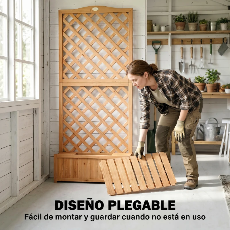 Outsunny Jardinera con Enrejado de Madera para Plantas Trepadoras con 2 Cajas Plegables Base de Listones 73x70x170 cm Natural