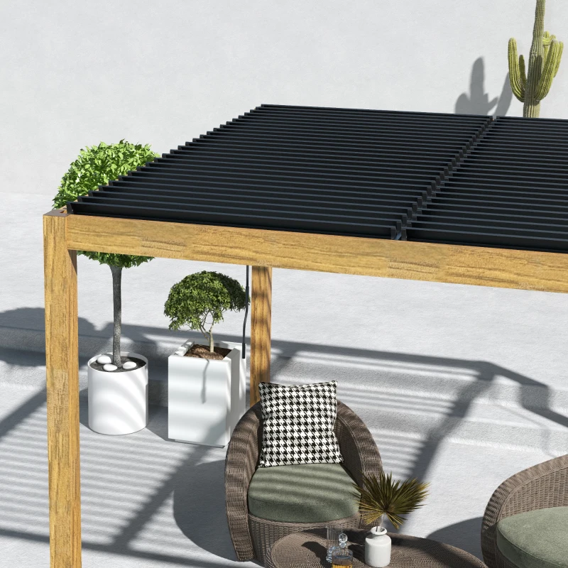 Outsunny Tuinpaviljoen met lamellendak, handkruk, aluminium/hout, 3x3m, zwart/natuur