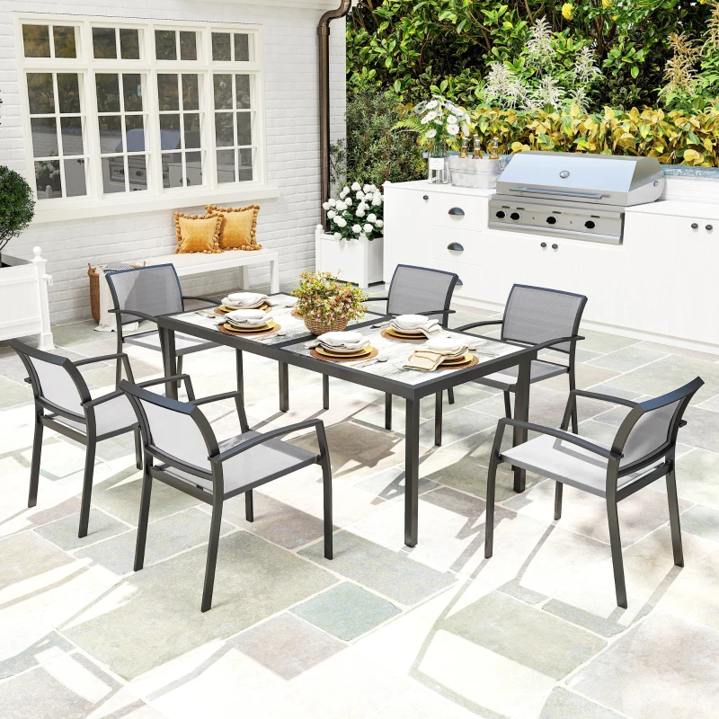 Outsunny 7-delige eettafelset, 6 stoelen, 1 tafel, stapelbaar, gemakkelijk te reinigen, stalen frame, tuinmeubelset, grijs