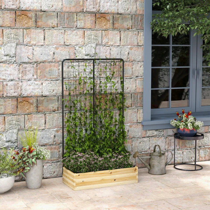 Outsunny Houten verhoogde plantenbak met klimrek, voering van vliesstof, natuurlijk hout, staal, 80x38x145 cm, zwart