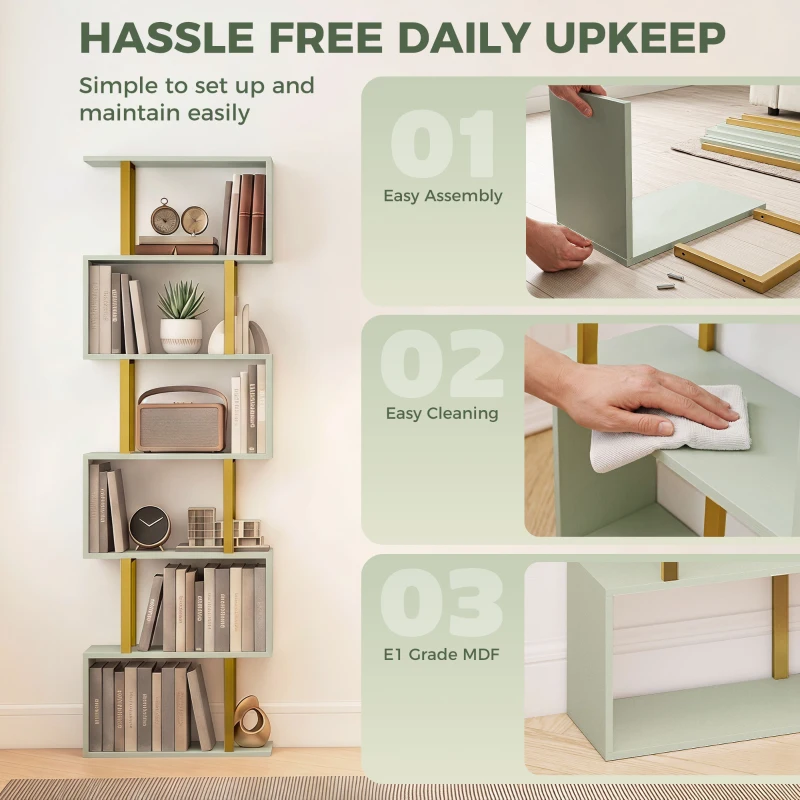 HOMCOM S-Shaped Bookshelf, 6-Tier Bookcase, Freestanding Storage Shelves with Anti-Tip Strap for Living Room, Light Green