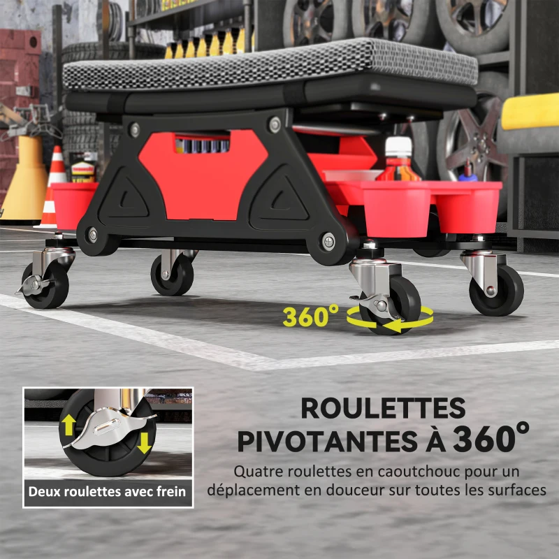 HOMCOM Tabouret d'atelier mobile 135 kg, tabouret de mécanicien avec roulettes rotatif à 360°, 64,5 x 33 x 35 cm, noir