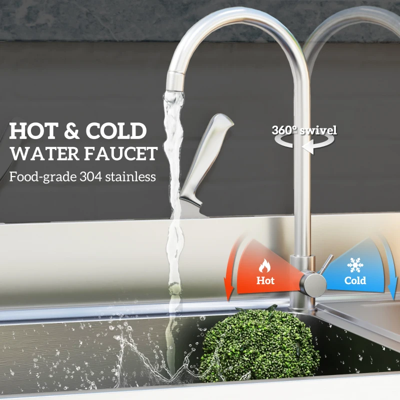 HOMCOM Outdoor Stainless Steel Kitchen Sink, Freestanding Sink Single Bowl with Cold and Hot Water Pipe and Storage Shelves