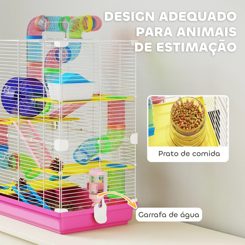 PawHut Gaiola para Hamsters com Túnel Comedouro Bebedouro Casa Rampas e Roda de Exercício 46x30x58 cm Rosa