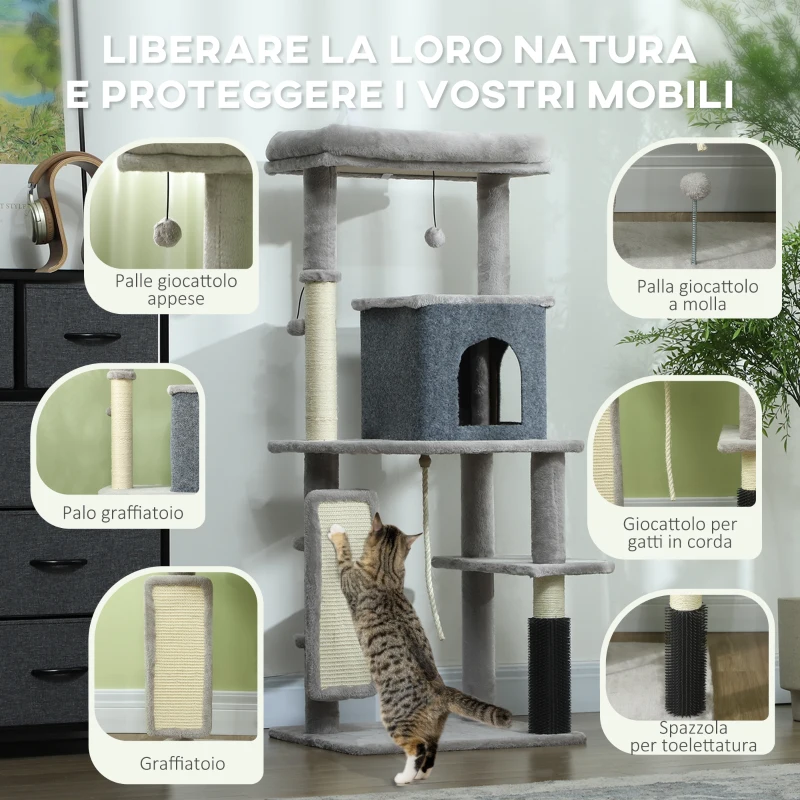 PawHut Albero per Gatti Multilivello Alto 132 cm con Casetta, Lettino, Pali Tiragraffi, Spazzola e Pallina, Grigio