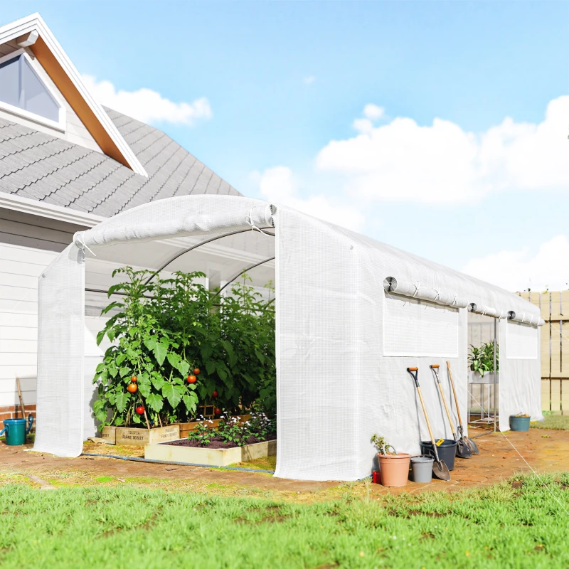 Outsunny Estufa Túnel 6x3x2 m com 3 Portas Enroláveis, 6 Janelas com Rede e Estrutura de Aço Galvanizado Branco