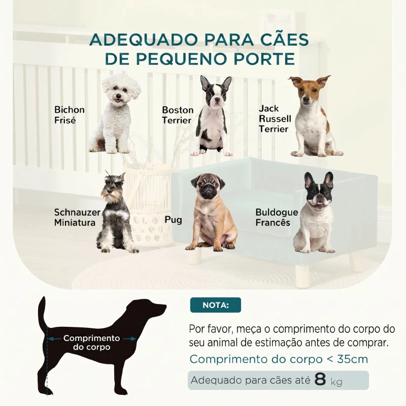 PawHut Sofá para Cães Pequenos 64x45x36 cm em Veludo com Almofada Lavável e Pés em Madeira de Bétula Azul Esverdeado