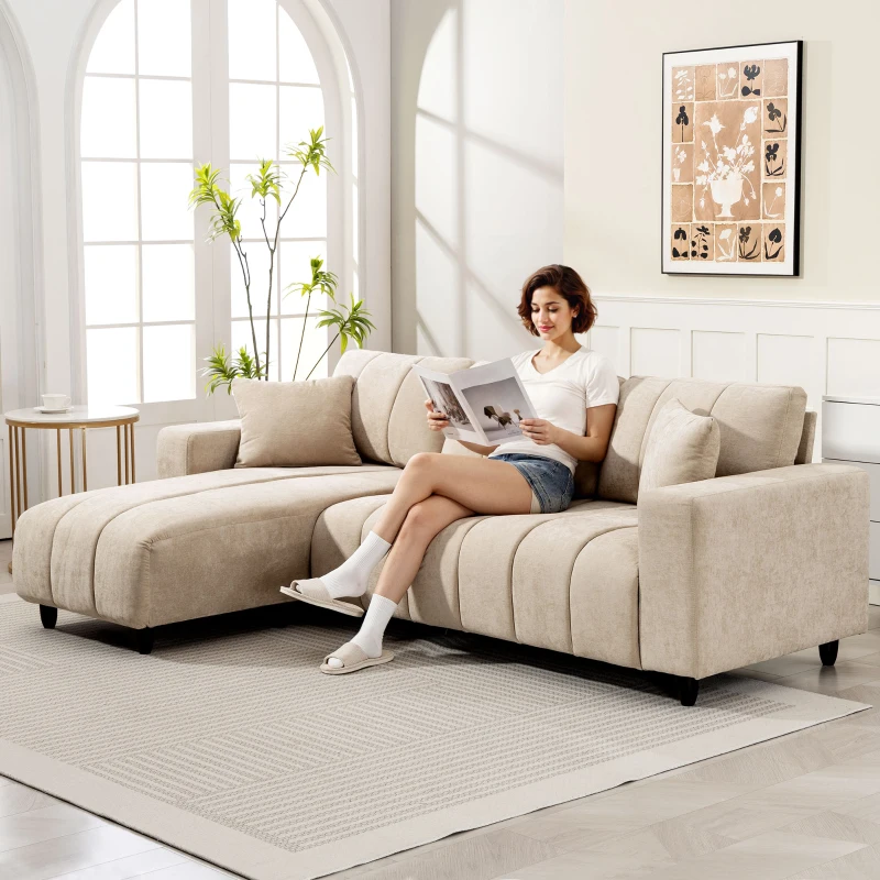 HOMCOM Sofá Chaise Longue Reversível Sofá de Canto em Forma de L de 3 Lugares 2 Almofadas Estofado em Linho 242x156x87 cm Bege