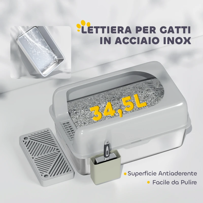 PawHut Lettiera per Gatti con Gradino, Paletta e Box Portaoggetti, in Acciaio Inox e ABS, 60.2x40.6x29 cm, Grigio Chiaro