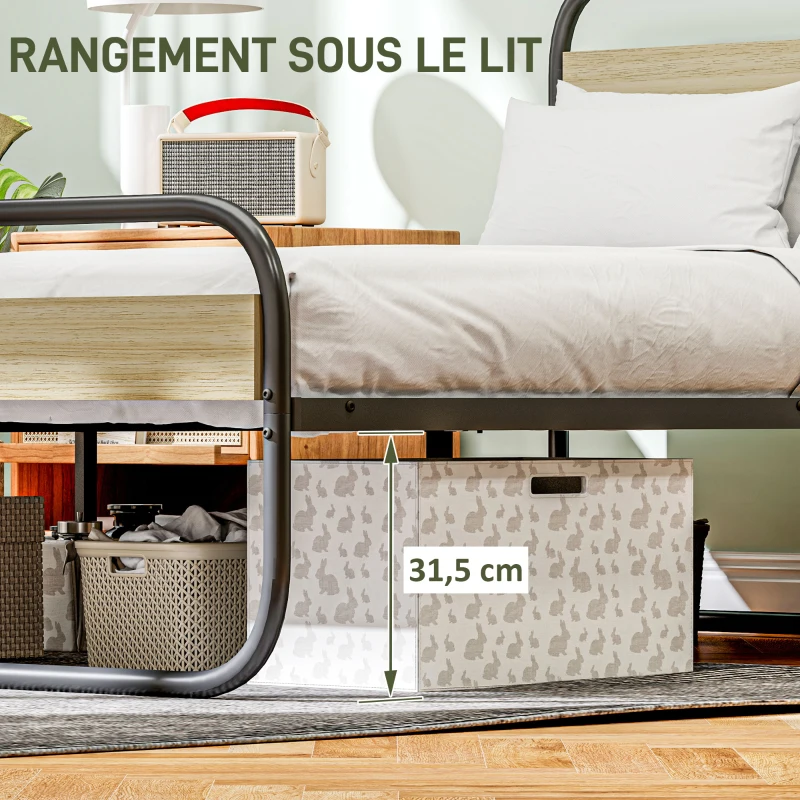 HOMCOM Lit double 140 x 190 cm, cadre de lit en acier style industriel, tête de lit et sommier inclus, aspect bois