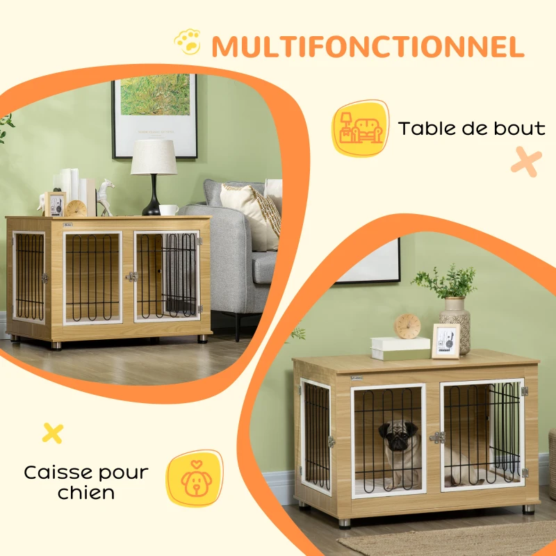 PawHut Cage pour chien animaux cage de chien sur pied avec coussin amovible acier aspect bois 90 x 58 x 65 cm