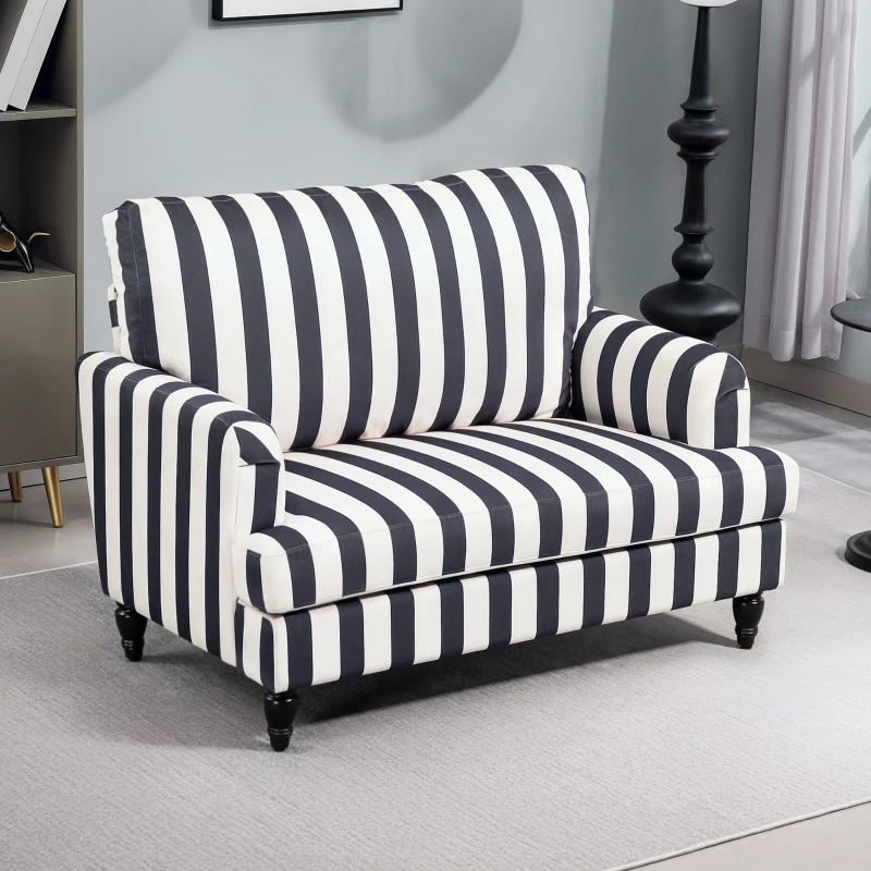 HOMCOM Modern Cuddle Chair, Velvet Single Sofa Armchair with Stripe, Turned Legs and Wide Seat, Upholstered Snuggle Chair for Living Room, Bedroom, Black and White