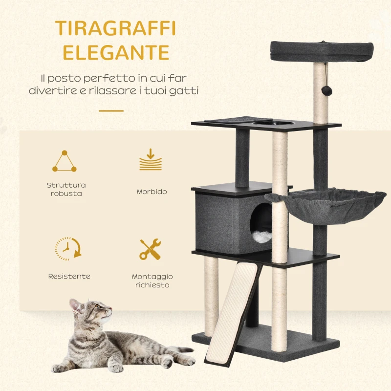 PawHut Tiragraffi per Gatti Multilivello, Pali in Sisal, Casetta, Lettino e Cuscini, 60x40x146cm